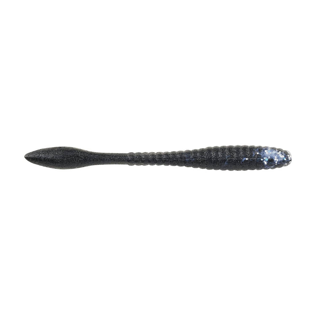 4.25-inch soft plastic fishing worm lure, dark gray body with blue sparkles