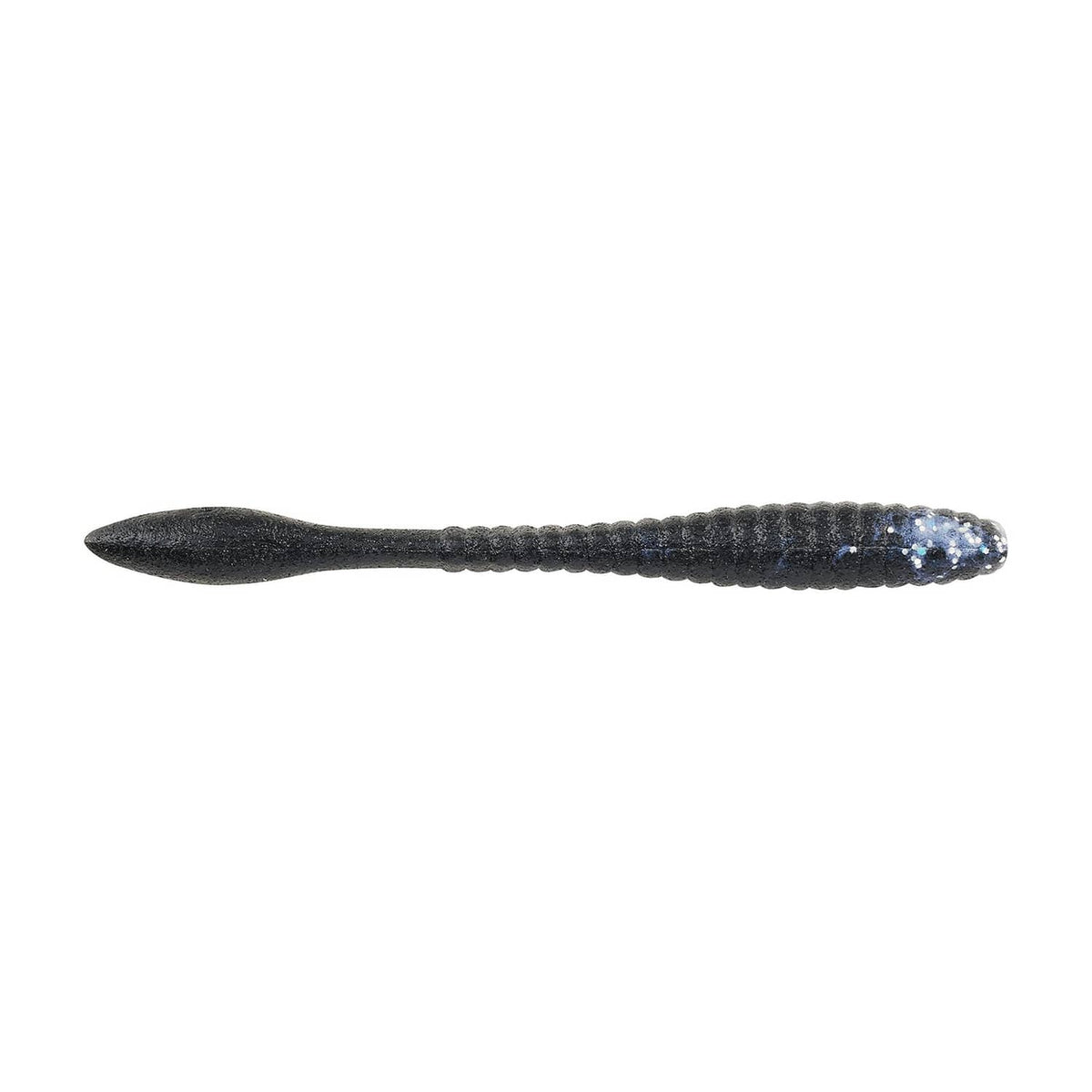 4.25-inch soft plastic fishing worm lure, dark gray body with blue sparkles