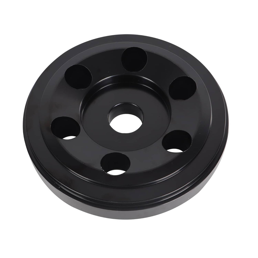 Black pulley-style bushing plate with central bore and evenly spaced bolt holes