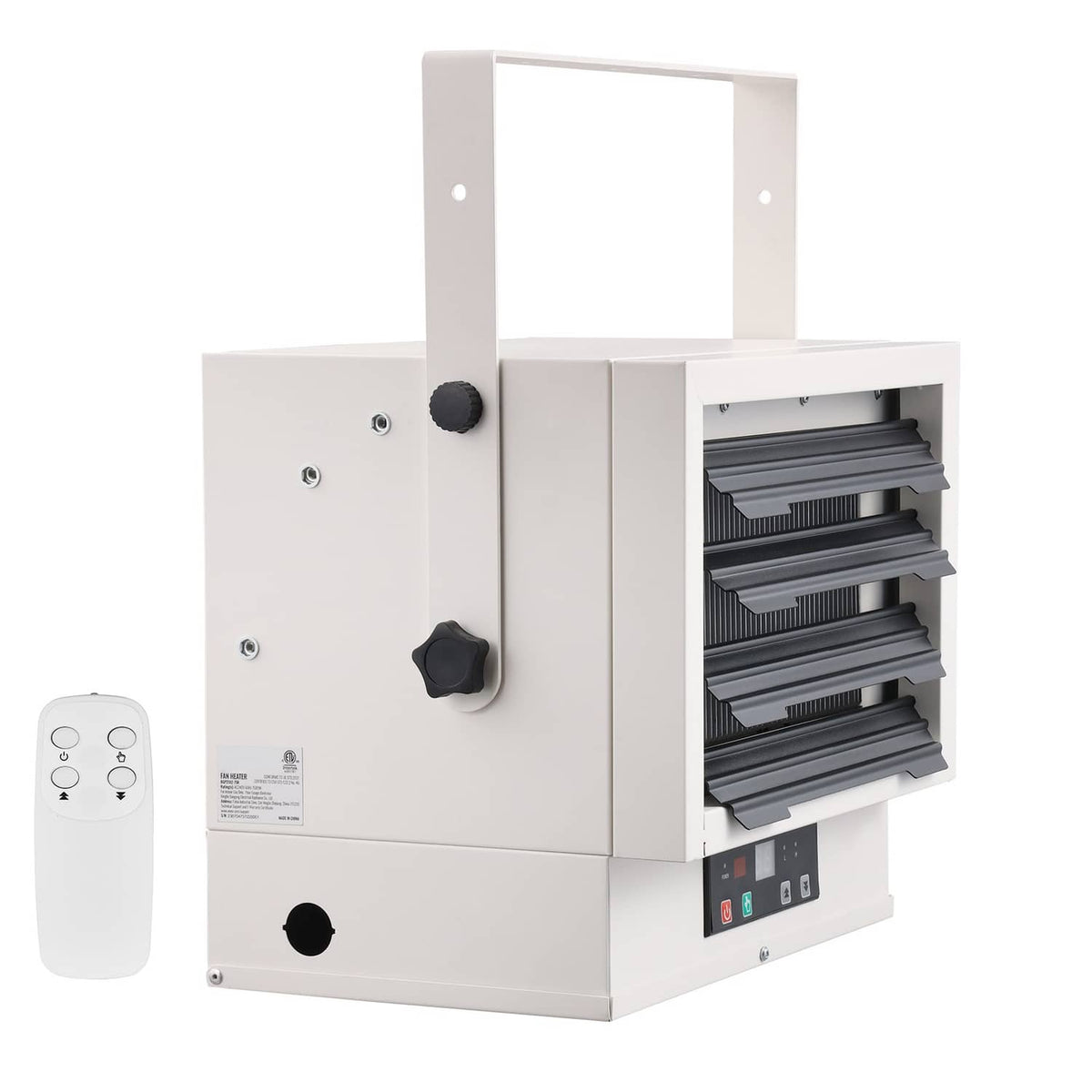 White electric garage heater with remote control and louvered heating elements