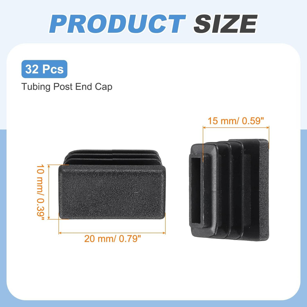 Black rectangle tubing post end cap set with side grooves, shown in front and side views