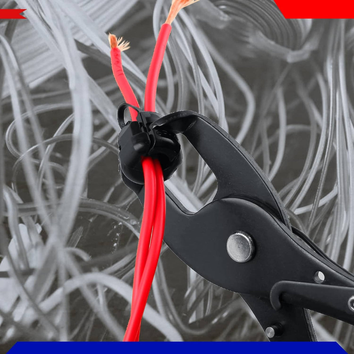 Strain relief bushing pliers clamped on cables, black jaws gripping red and black wires