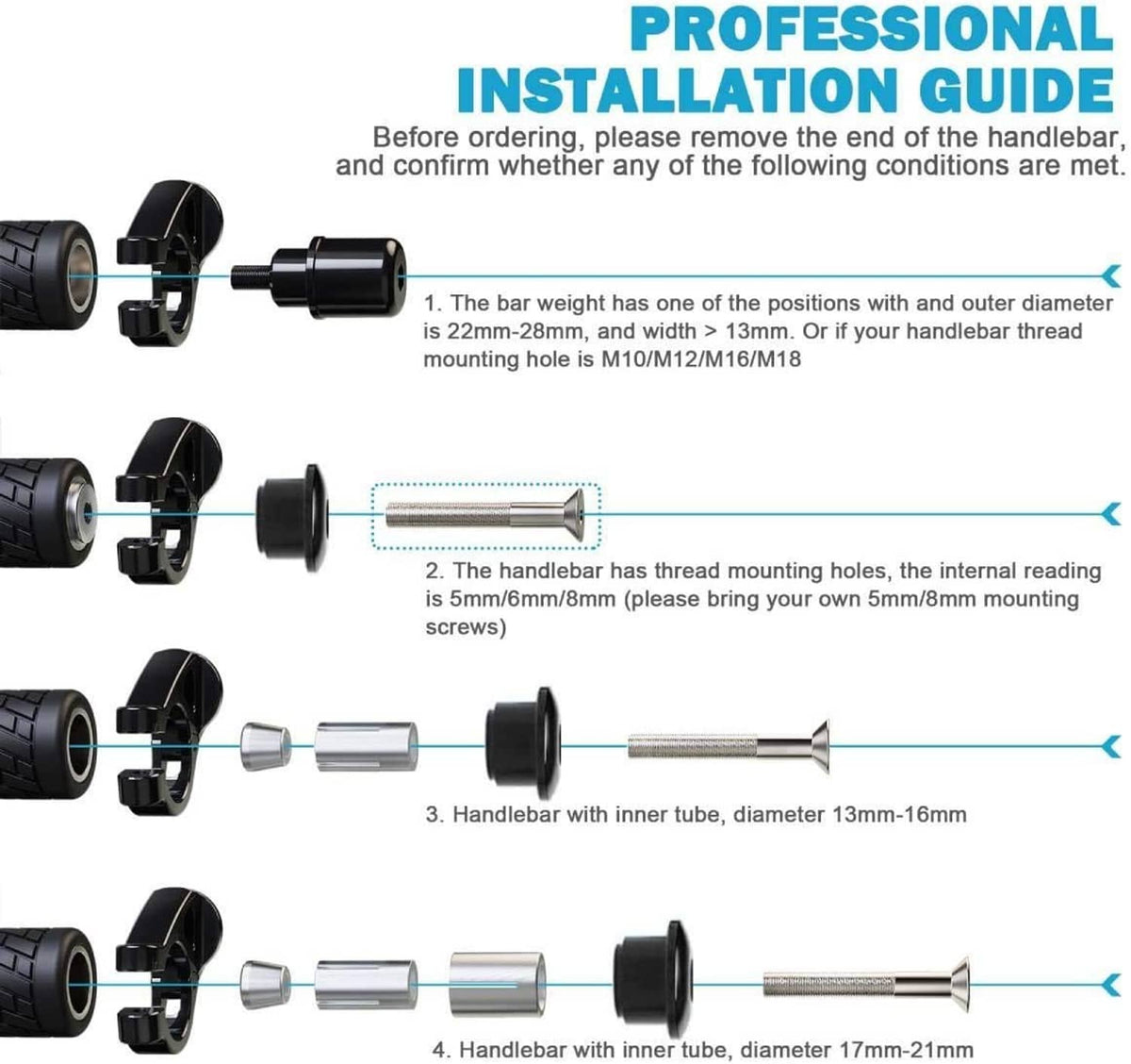 Installation guide illustration for black bar-end motorcycle mirrors and mounting parts.