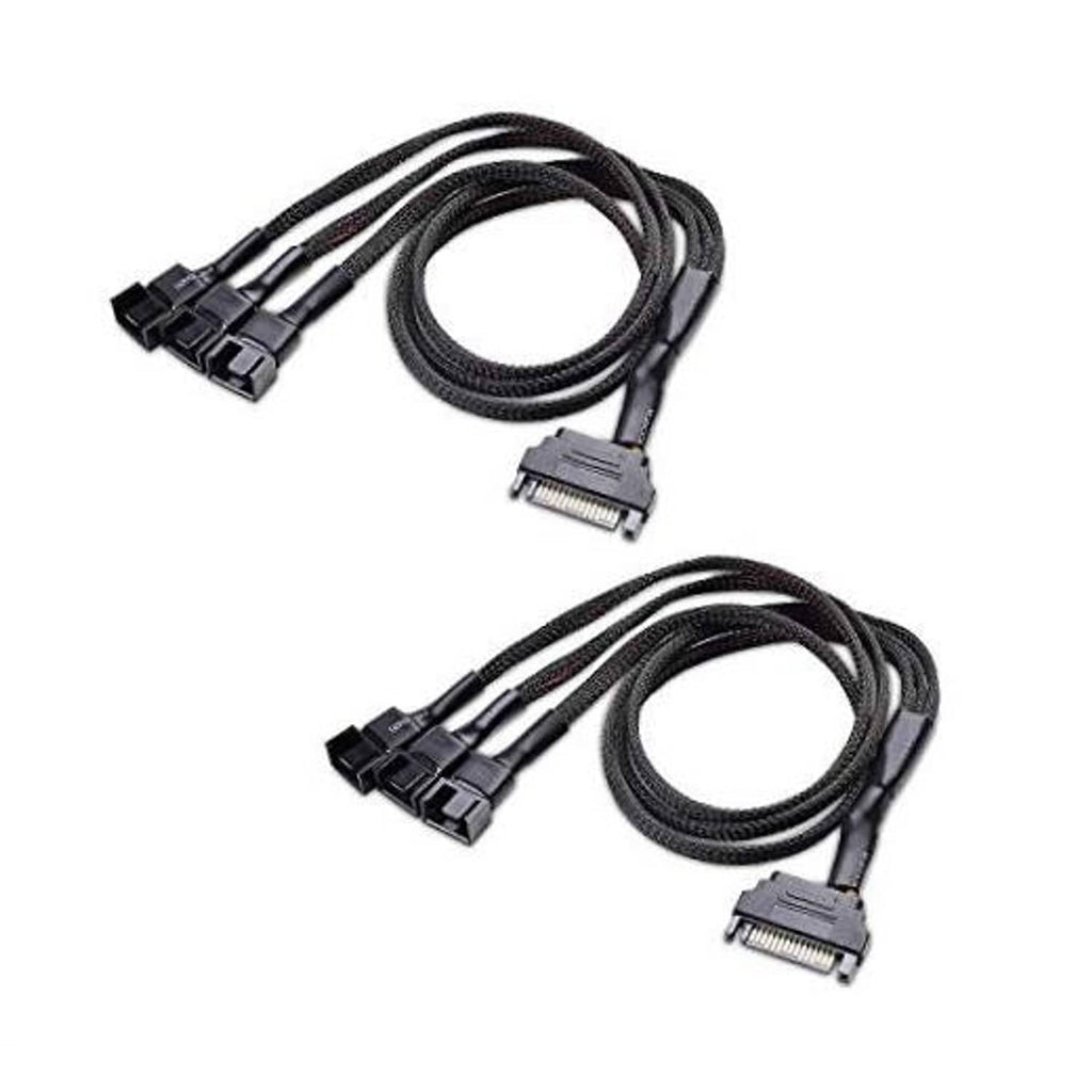 Two fan splitter cables with SATA and adapter ends, black braided