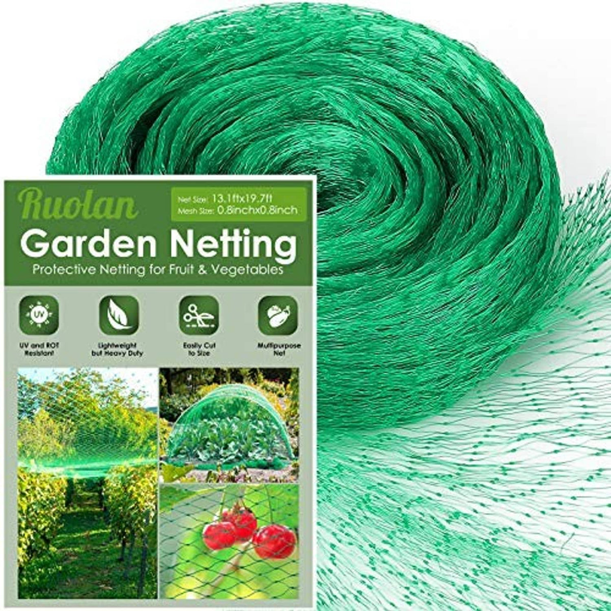 Green garden netting roll with fine protective mesh and product box