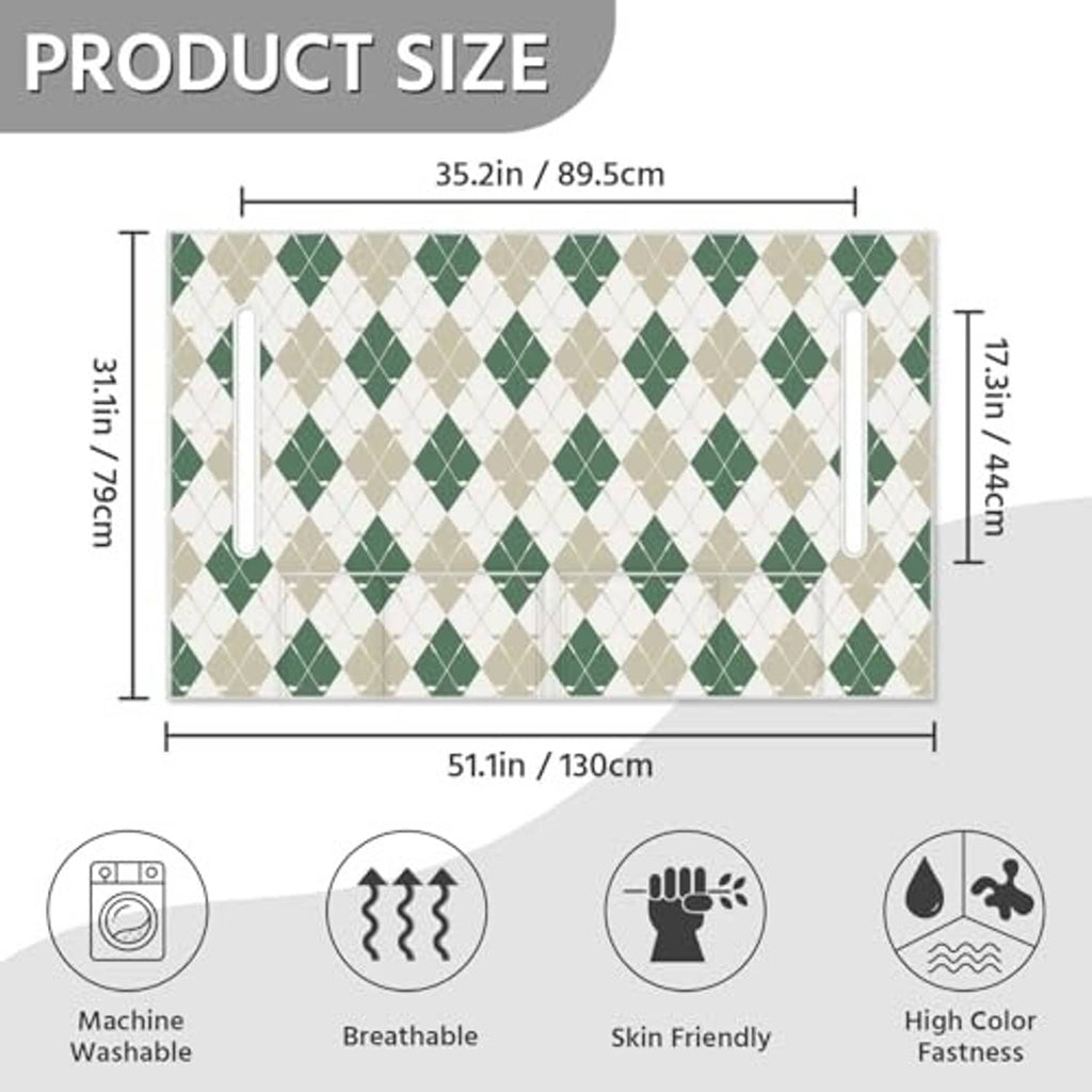 Green-and-cream argyle golf cart seat cover size diagram, 51.1in x 35.2in