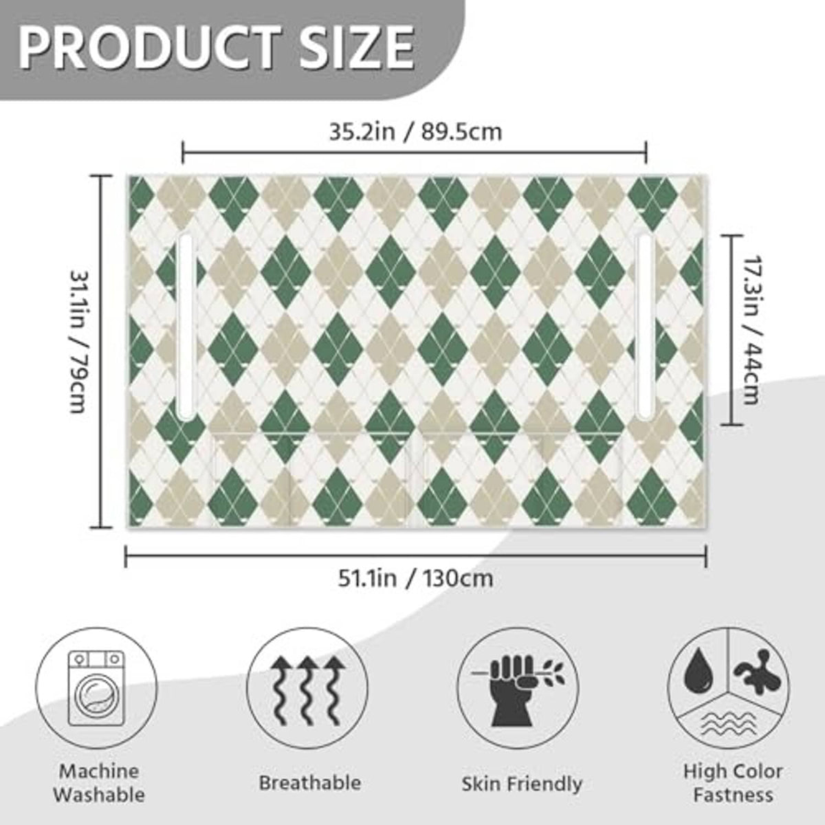 Green-and-cream argyle golf cart seat cover size diagram, 51.1in x 35.2in