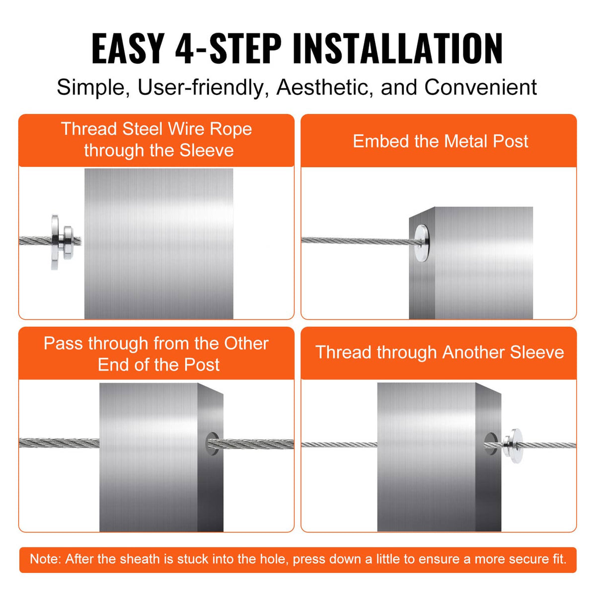 Stainless steel wheel protector sleeves for easy cable railing install, 4-step layout