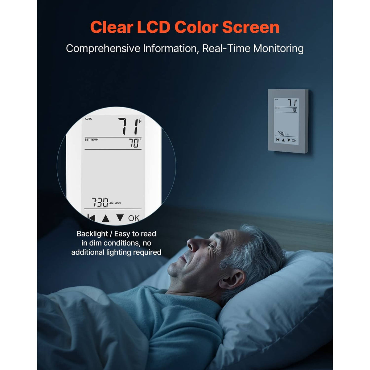LCD color touchscreen thermostat with visible temperature readout and backlight