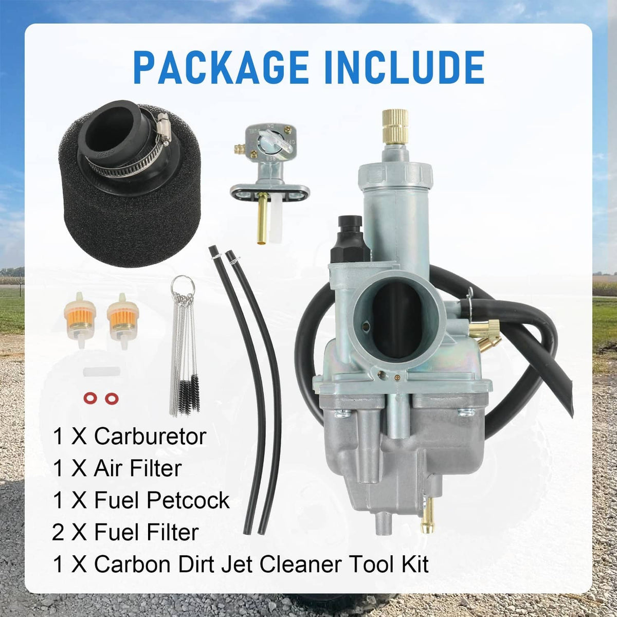 Carburetor package with air filter, fuel petcock, jets, and cleaning tool kit