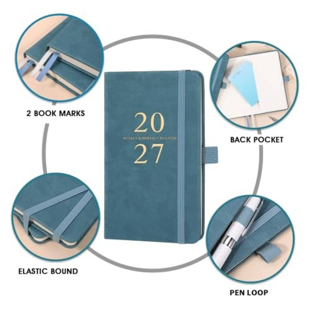 Teal pocket planner with 2 bookmarks, back pocket, elastic bound, and pen loop