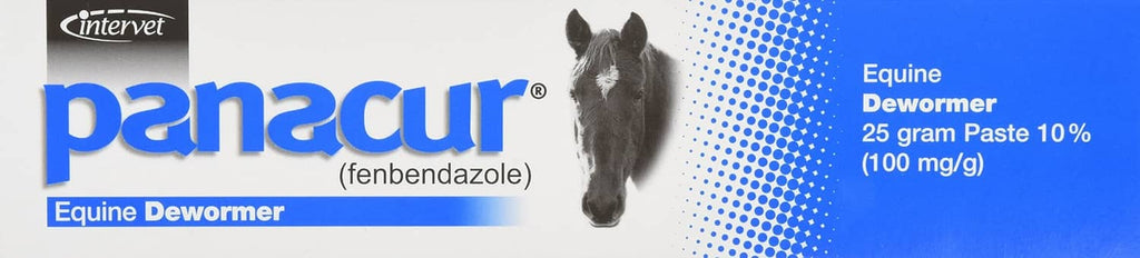 Panacur equine dewormer box, blue and white packaging with horse graphic
