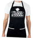 Black cooking apron with adjustable neck strap and two front pockets