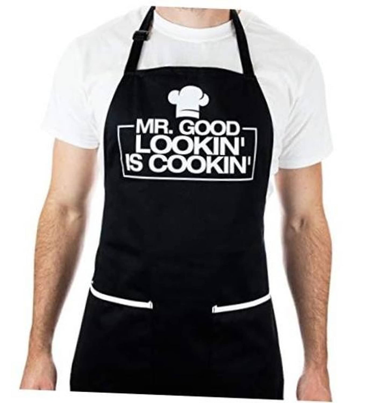 Black cooking apron with adjustable neck strap and two front pockets