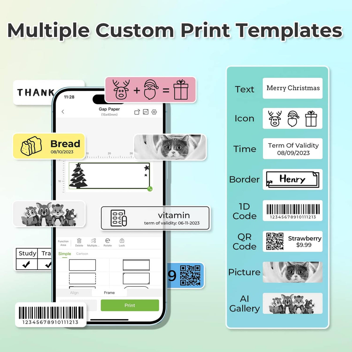 Label maker app screen with multiple custom print templates, icons, and sample labels