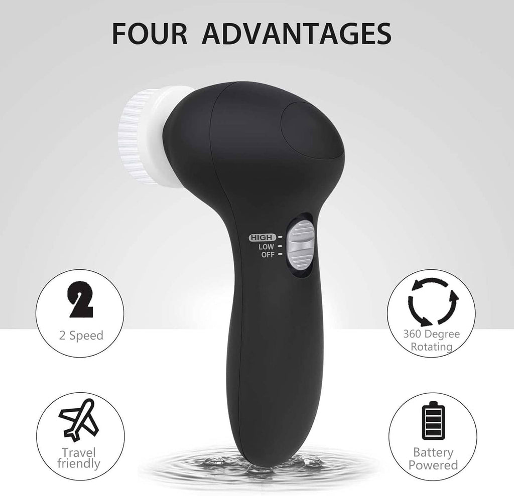 Black electric facial cleansing brush with rotating head and two speed controls