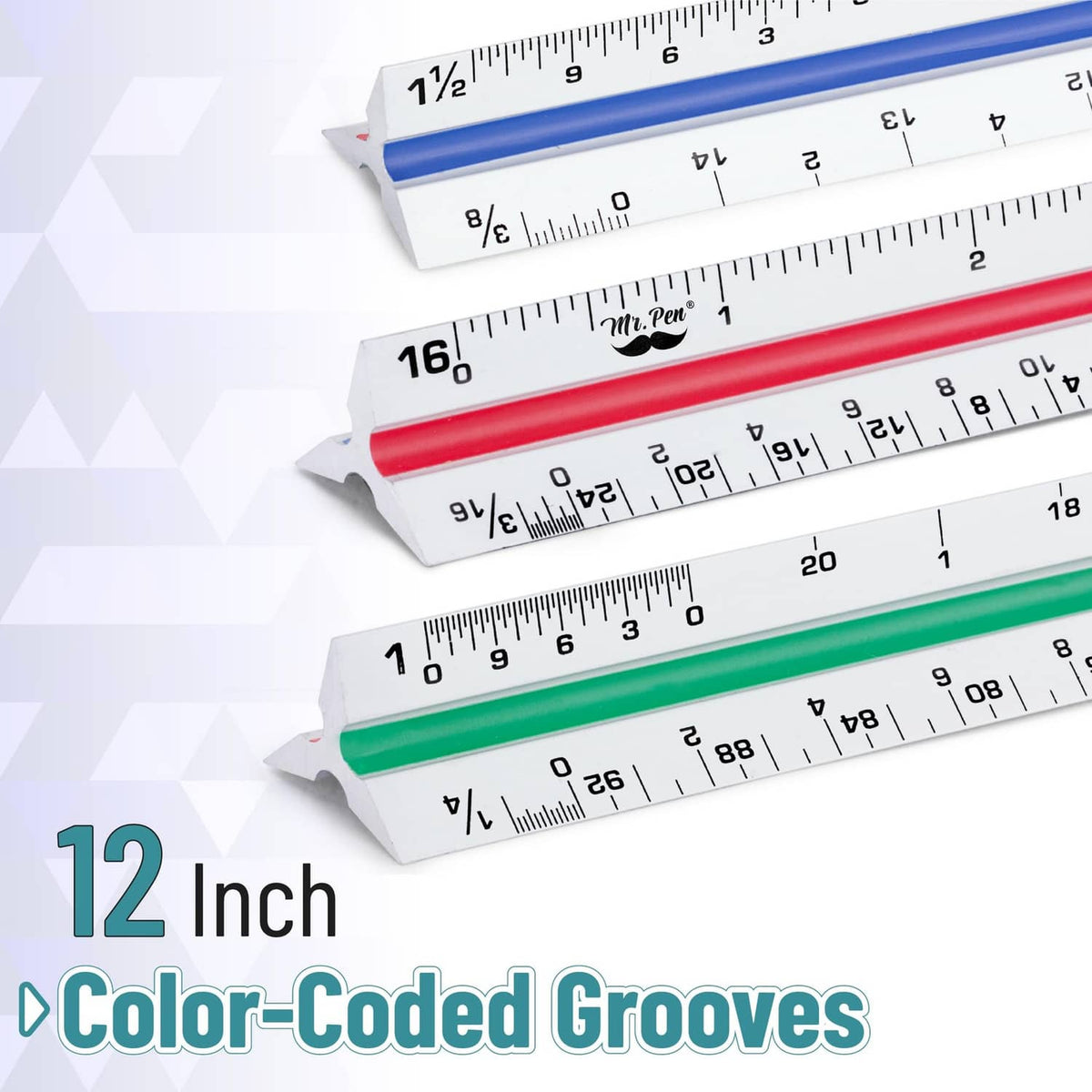 Architectural scale rulers with white bodies and color-coded grooves in red, blue, and green