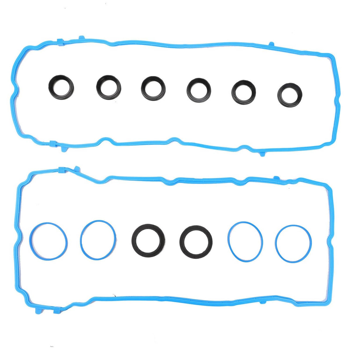 Valve cover gasket kit with long blue gasket and rows of black seals and blue O-rings