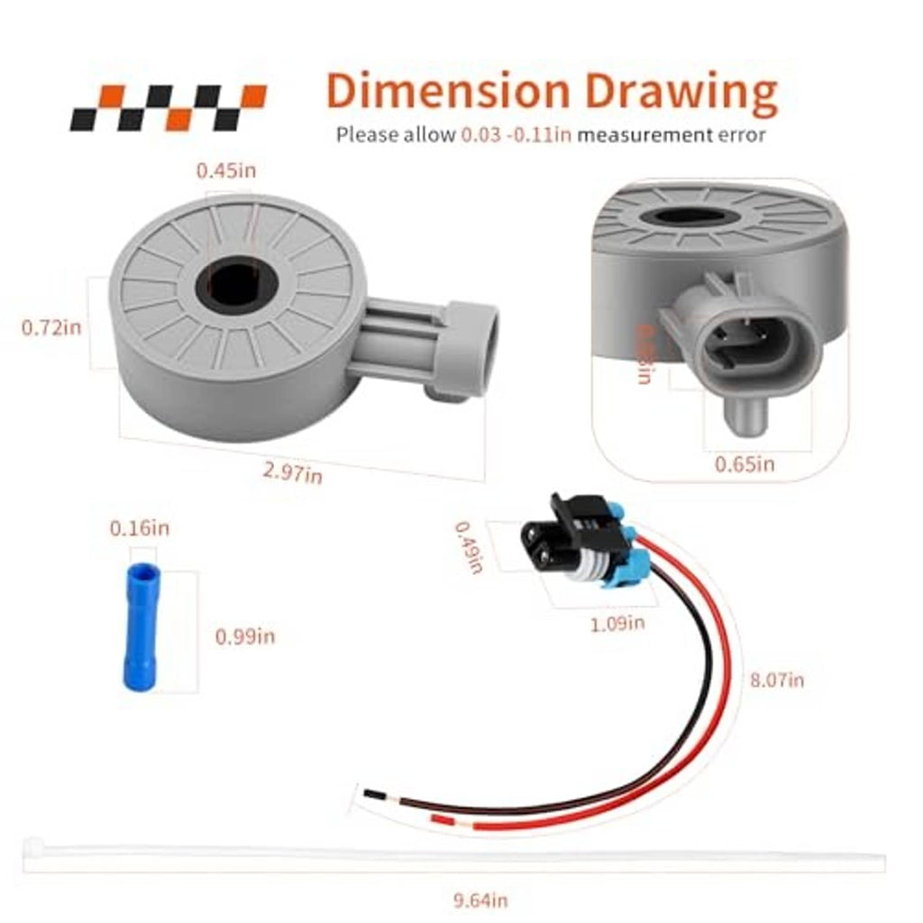 Gray sensor housing with attached red/black wiring harness and two blue guide pins