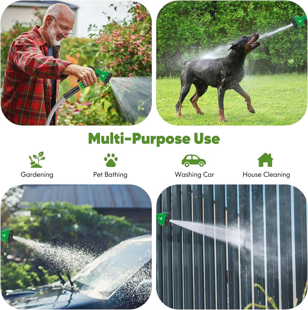 Garden hose with green nozzle spraying water; stainless steel coil and black grip