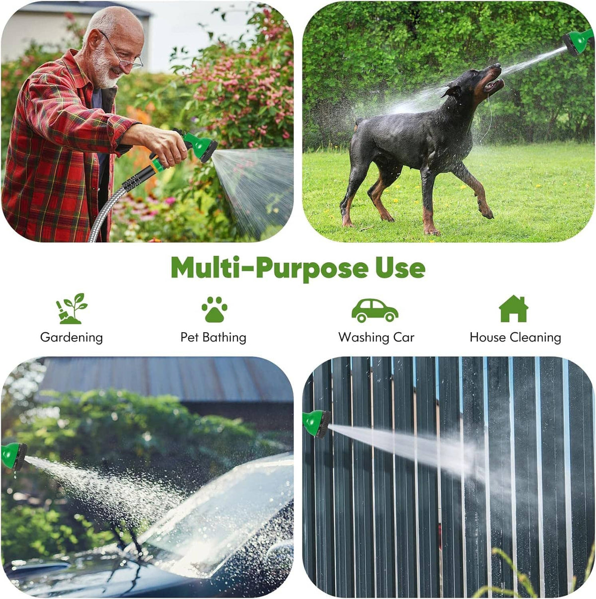 Garden hose with green nozzle spraying water; stainless steel coil and black grip