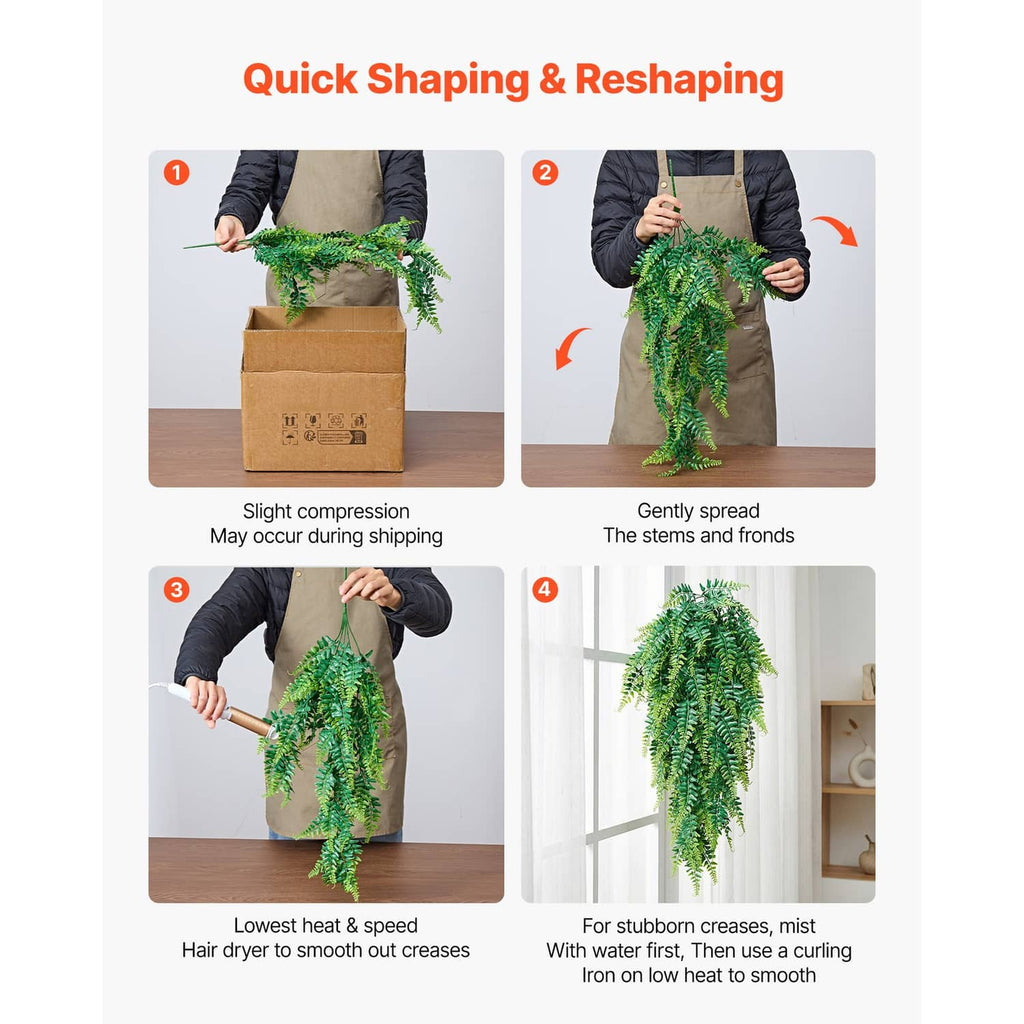 Artificial hanging Boston fern bush shown during shaping and reshaping steps