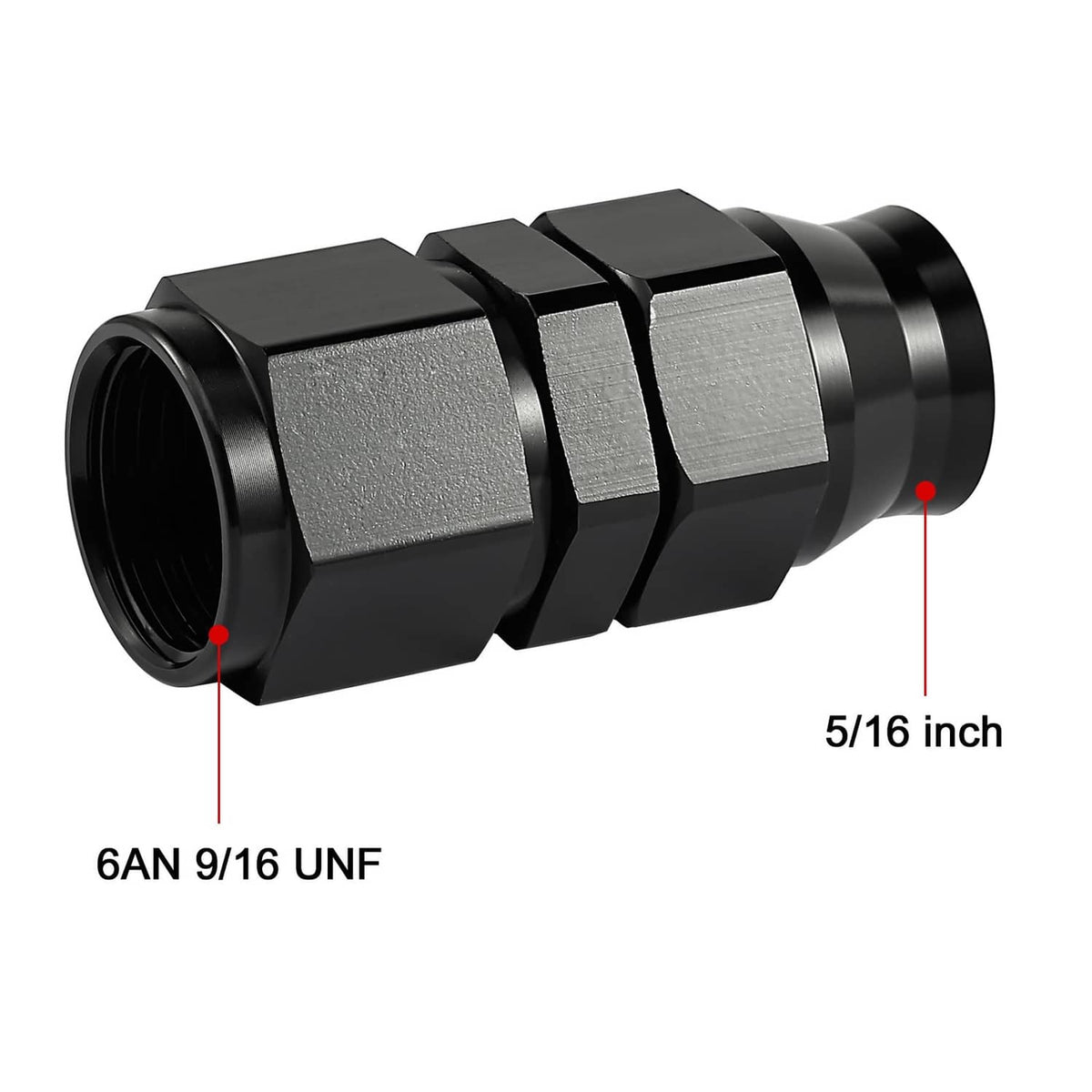 Black 6AN to 5/16 compression fitting, showing threaded flare end and size