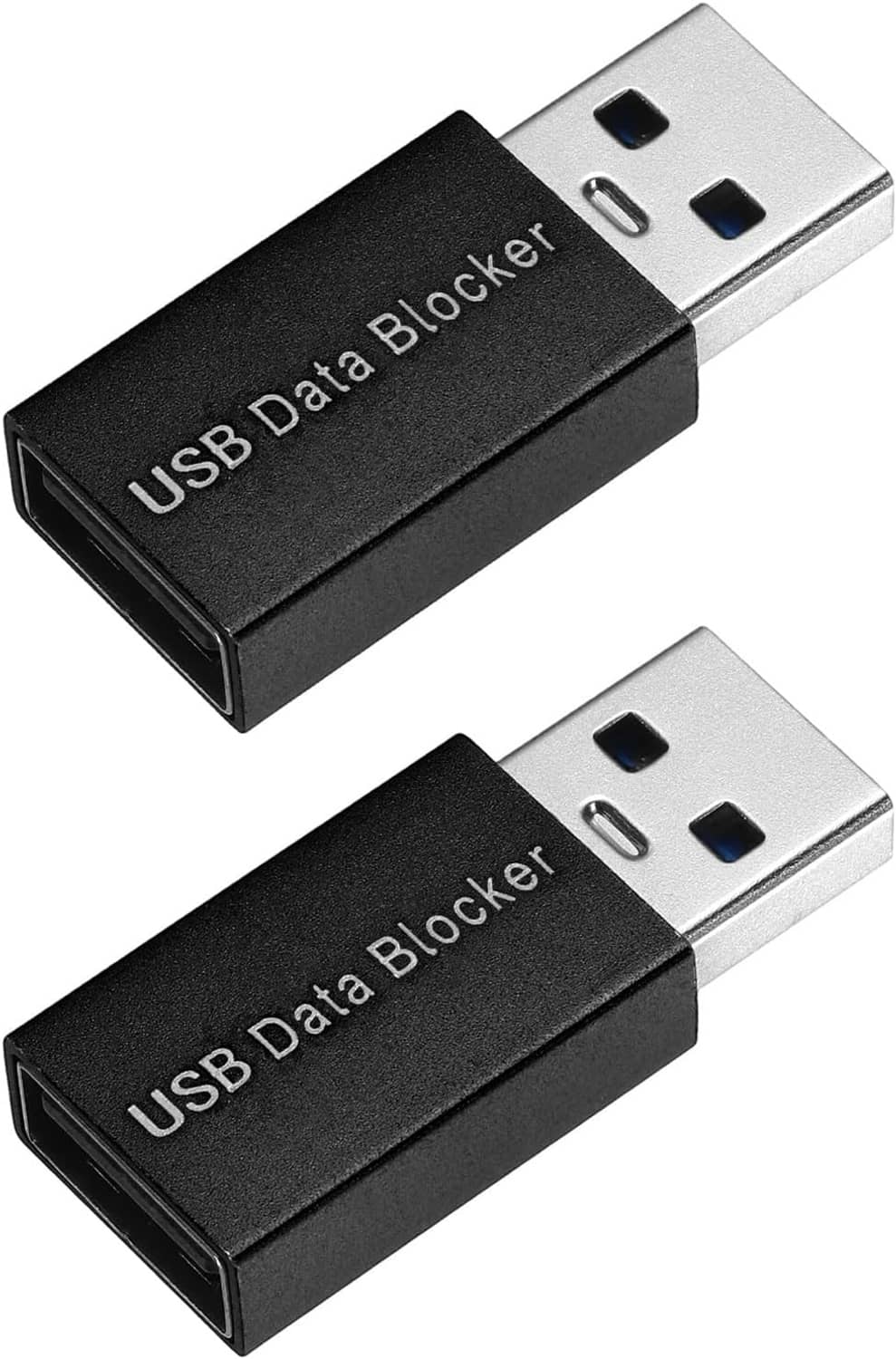 Pair of USB-A data blocker adapters, black housing with silver connector pins