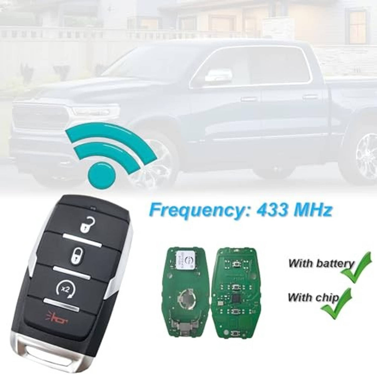 Proximity key fob with 433 MHz signal, battery and circuit board shown