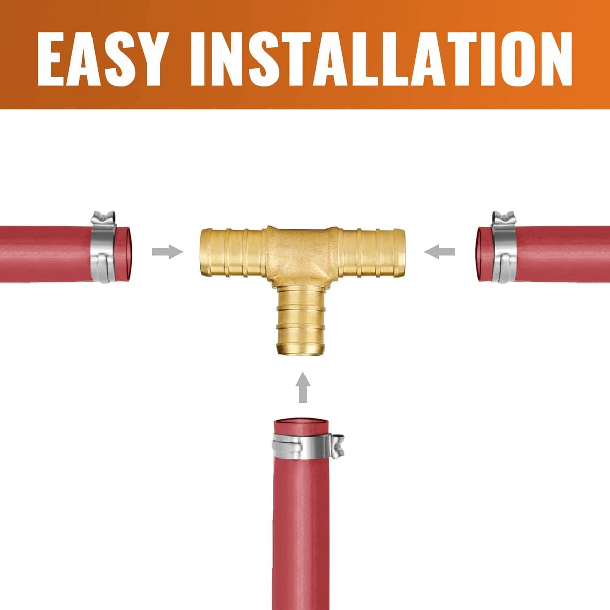 PEX tee fitting connecting red PEX tubing with metal clamps, easy installation steps