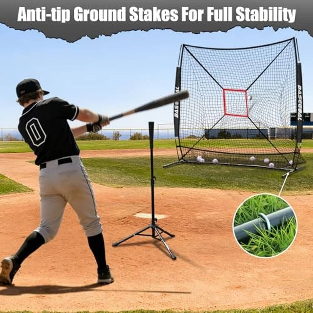 Baseball practice net set up on field with black frame and anti-tip ground stakes