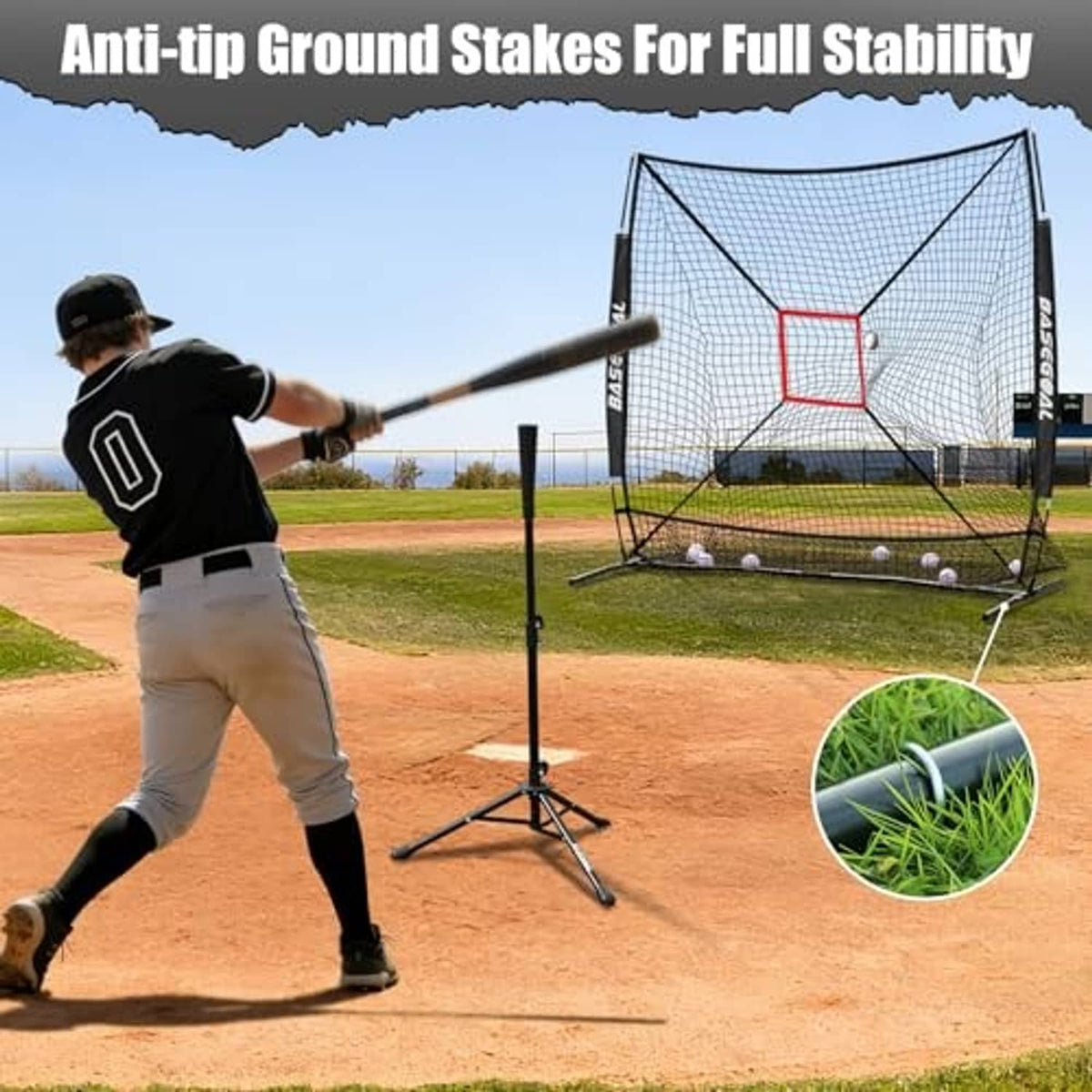 Baseball practice net set up on field with black frame and anti-tip ground stakes