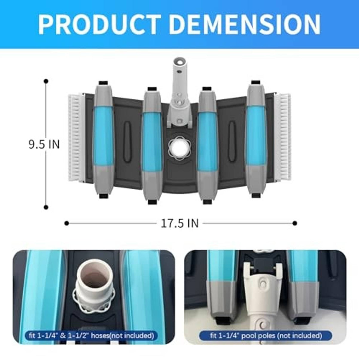 Blue and gray pool vacuum head product diagram with overall size 9.5 in x 17.5 in