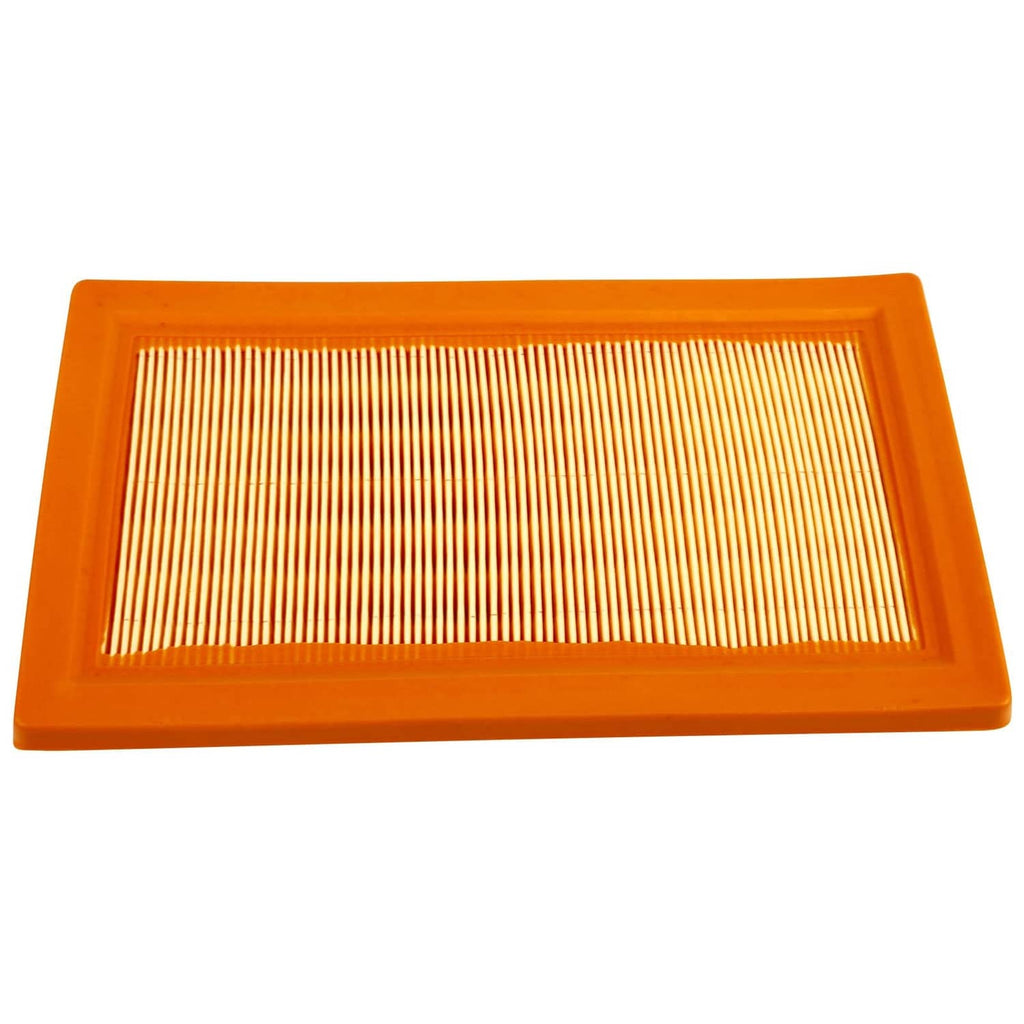Flat pleated air filter element with yellow paper media and orange housing