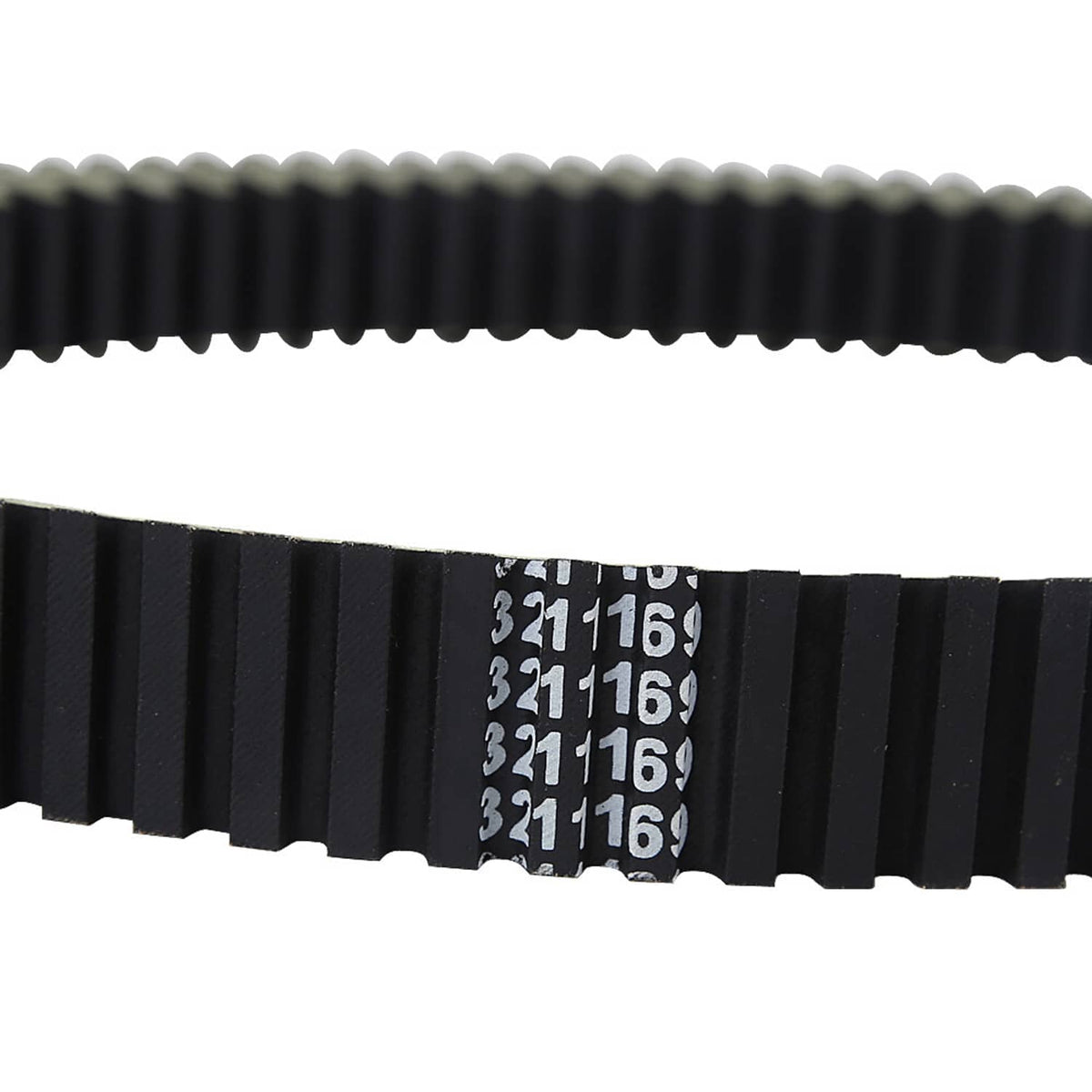 Clutch drive belt close-up showing ribbed teeth and printed part numbers