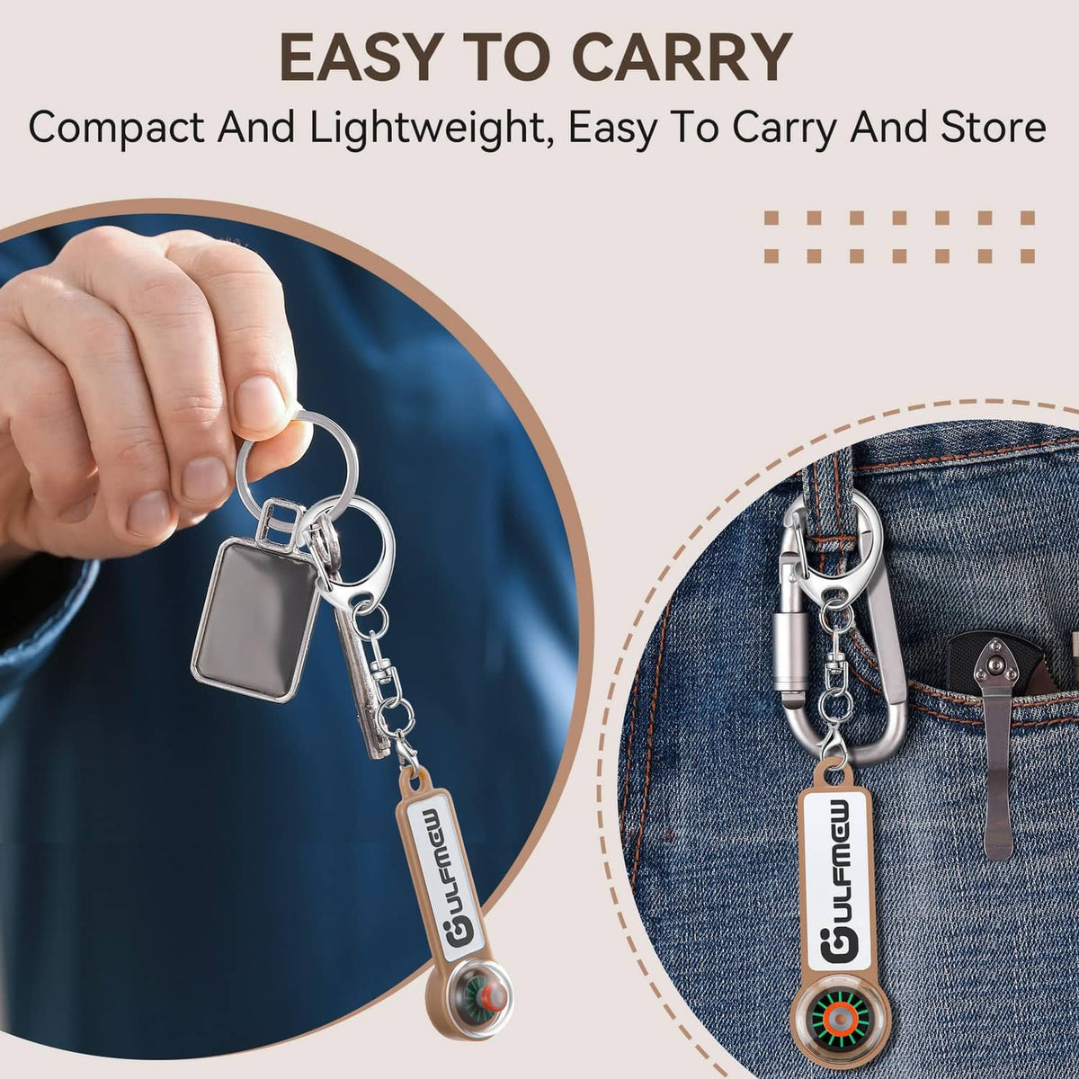 Brown solenoid tester keychain held in hand; colorful magnet disc visible