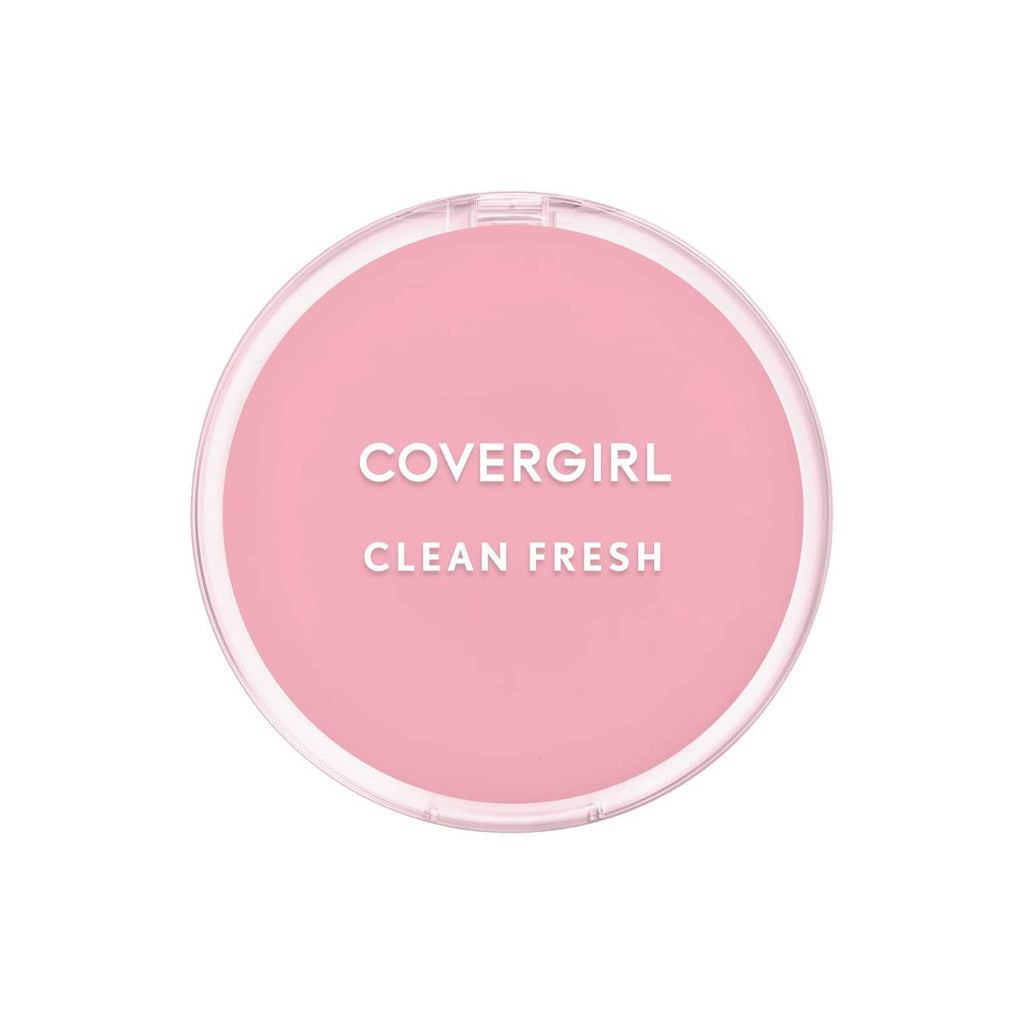 Pressed face powder compact with pink lid, open top view