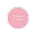 Pressed face powder compact with pink lid, open top view