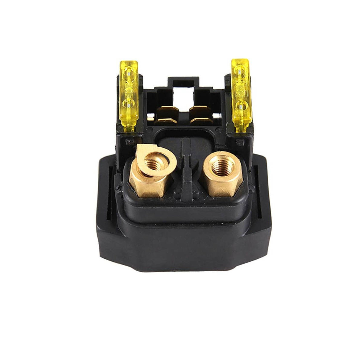 Starter relay solenoid with black housing, two gold terminals, bright yellow fuse covers