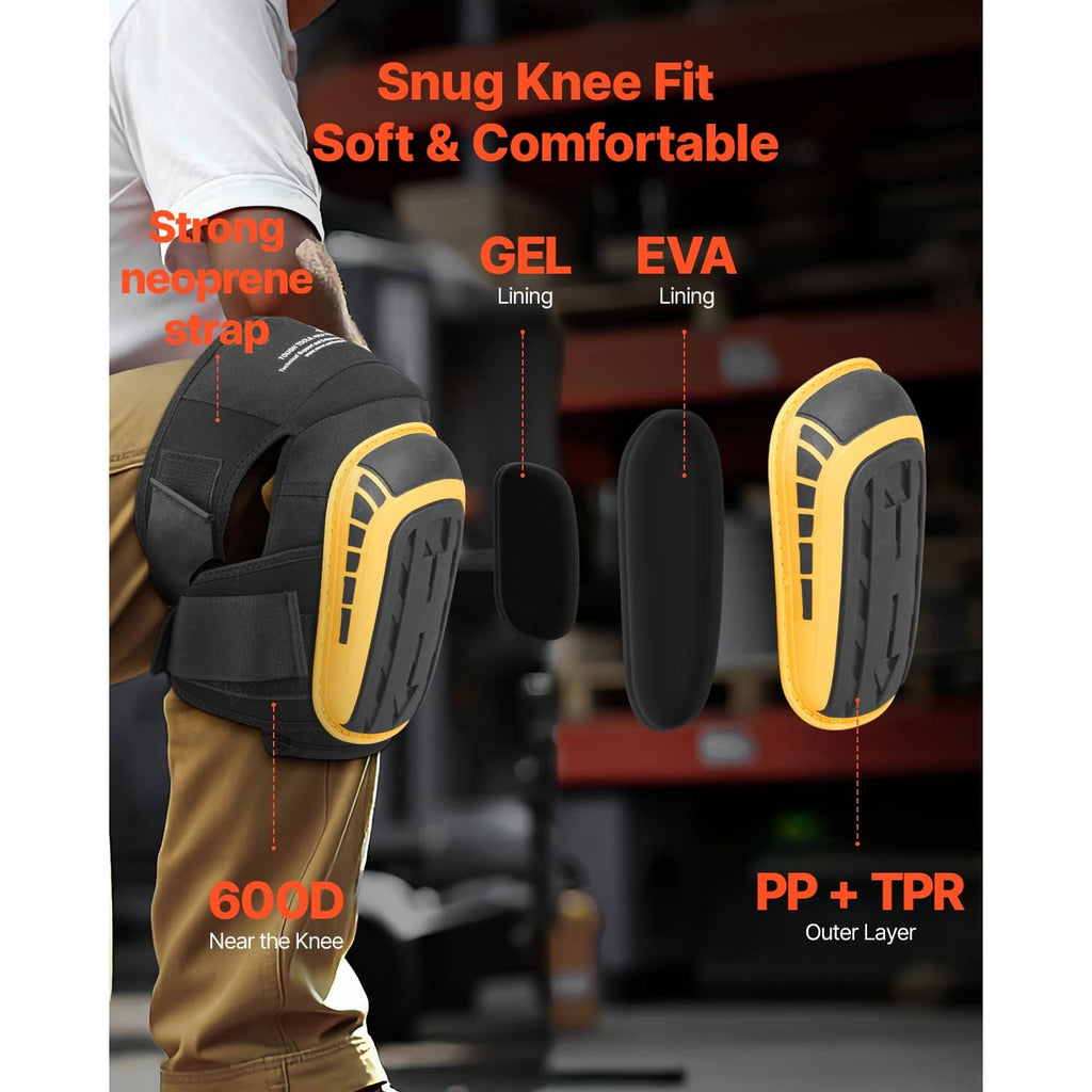 Black-and-yellow work knee pads worn with extended straps and cushioned guards