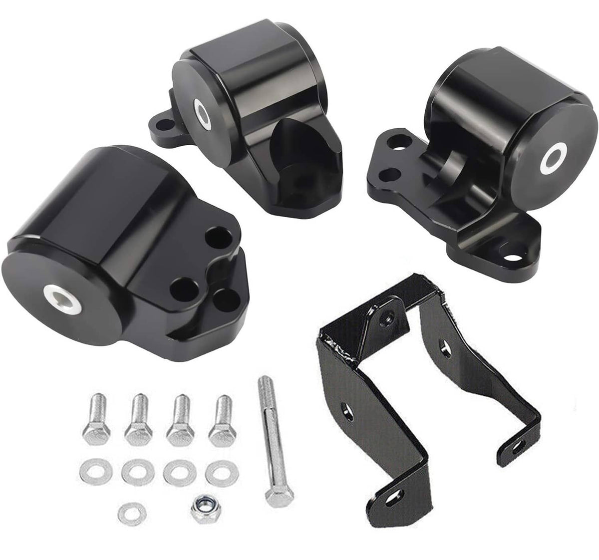 Black engine swap mount kit with brackets, hardware bolts, and washers set