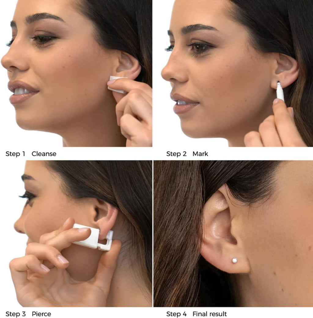 Small round clear stud earring on ear lobe shown during ear piercing steps