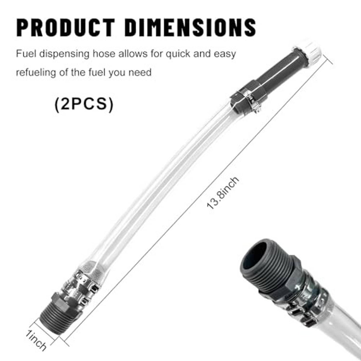 Fuel filler hose with clear tubing and black threaded ends, 14 in length
