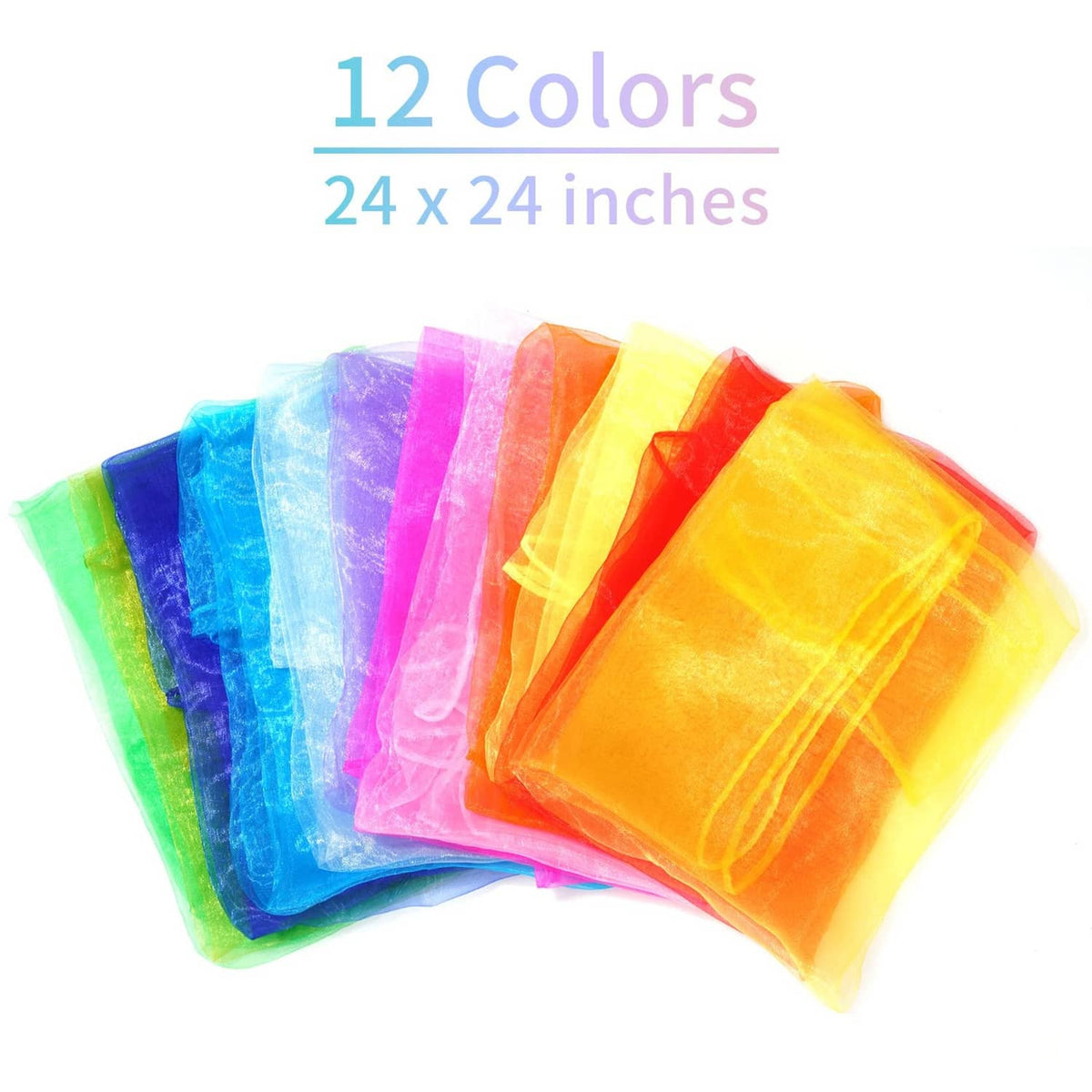 Stack of 12 sheer silk square dance scarves in multiple colors, 24 x 24 in