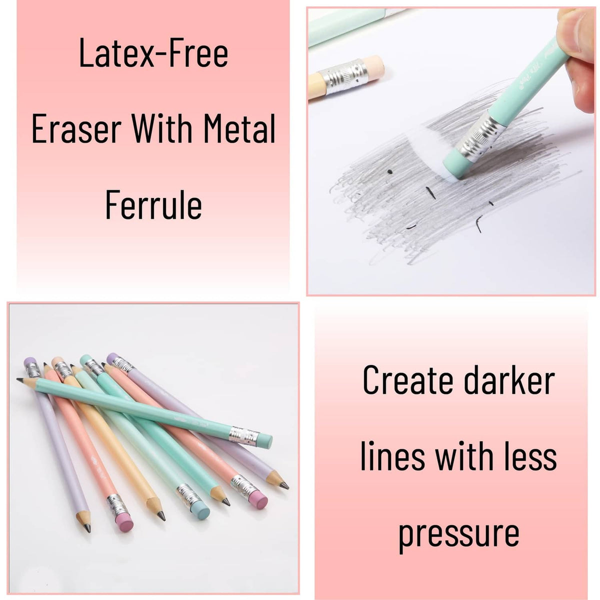 Pastel jumbo pencils with metal ferrules and pink erasers, shown side by side