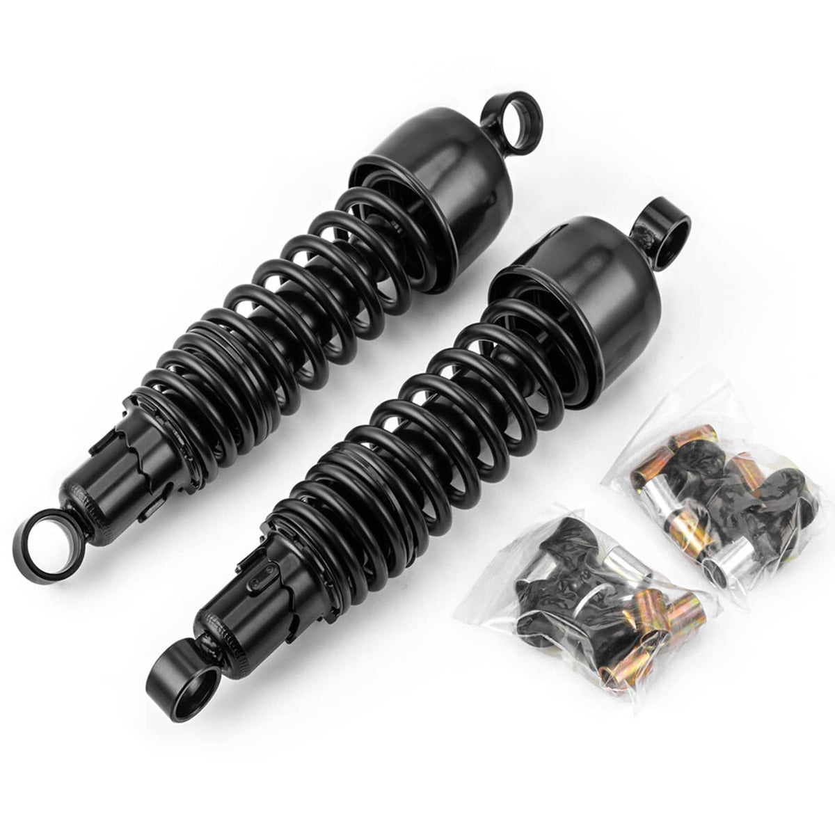 Pair of black rear suspension shocks with coiled springs and eye-bolt ends, included hardware