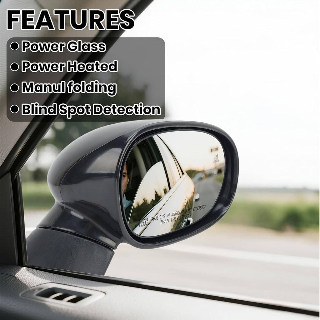 Black passenger side heated power mirror with integrated reflective blind-spot glass