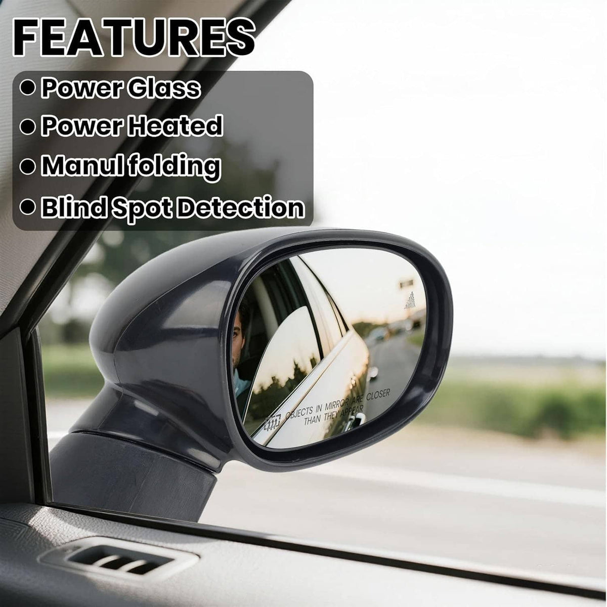 Black passenger side heated power mirror with integrated reflective blind-spot glass