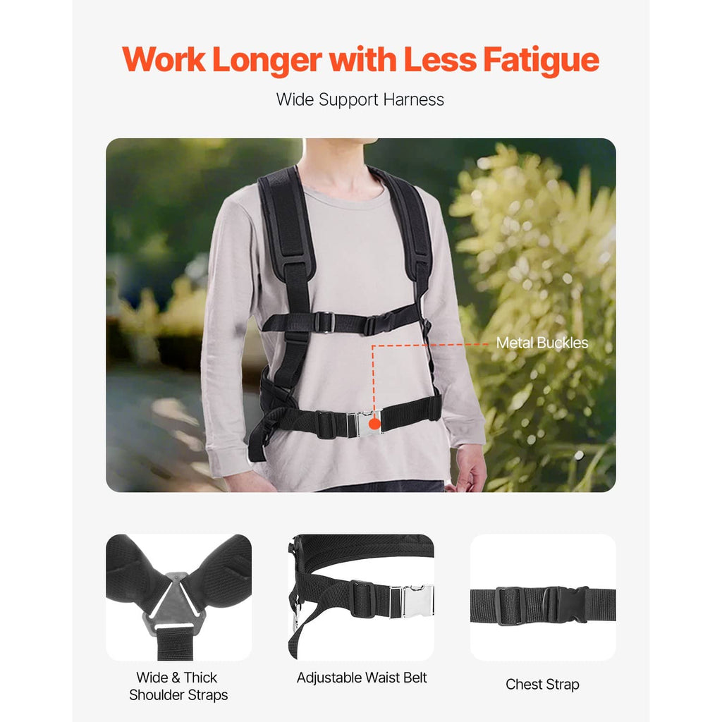 Support harness with metal buckles for holding a pressure washer wand during cleaning