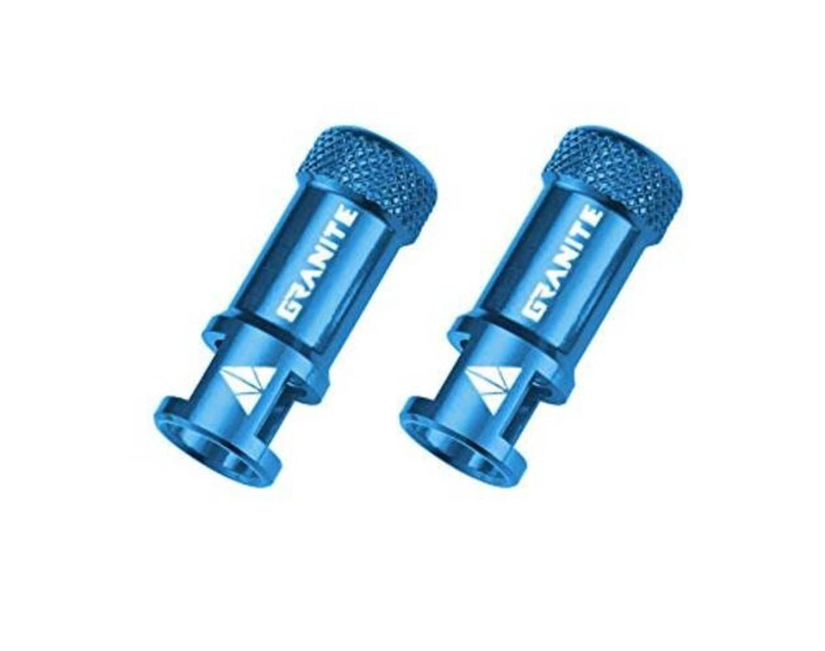 Set of two blue valve core remover caps with knurled grip and metal body.